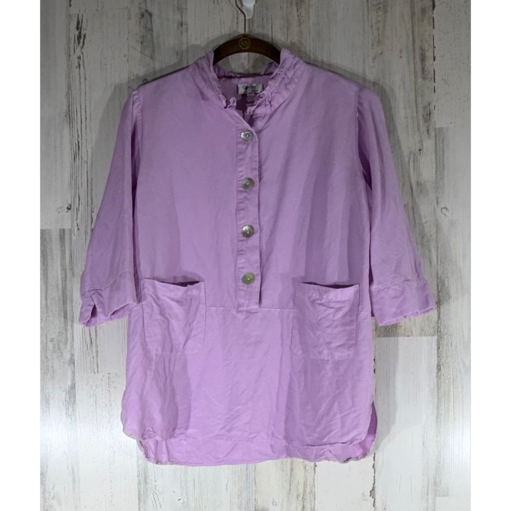 Toofan Linen Lavender Purple Ruffle Neck Popover Tunic Size‎ Medium 3/4 Sleeve